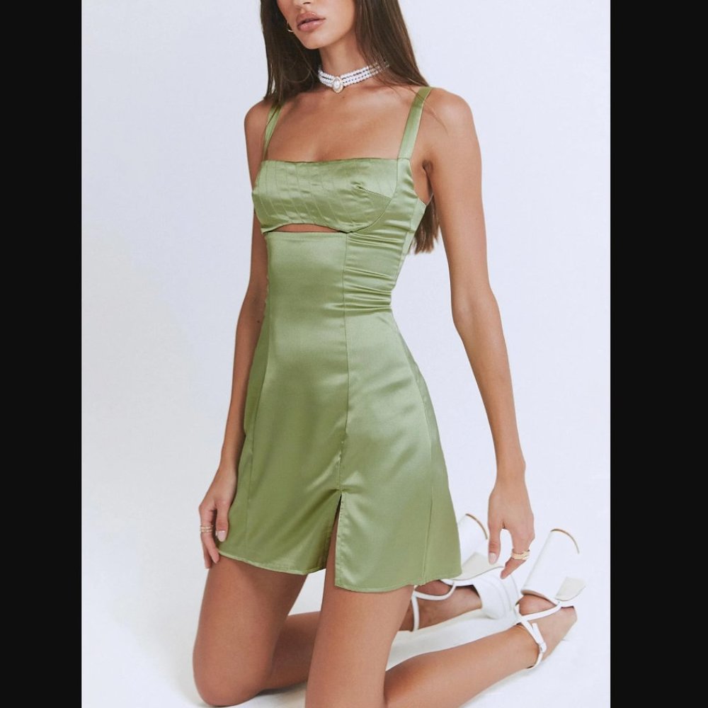 Princess Polly Matcha Green Satin Cut Out Mini Dress 4